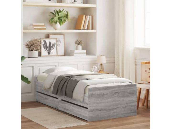 RJPLMFV Bettrahmen Kiefer massiv grau Beton mit Schublade Mit Aufbewahrung, Lattenrost inklusive, einfache Montage, rustikaler Stil, einfache Wartung