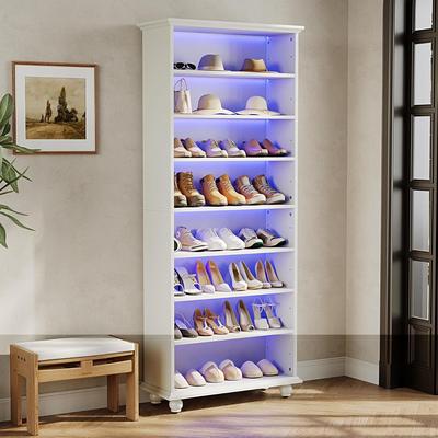 Jiallo "28"" White 8-Tier Shoe Storage Cabinet with LED Light Strip"