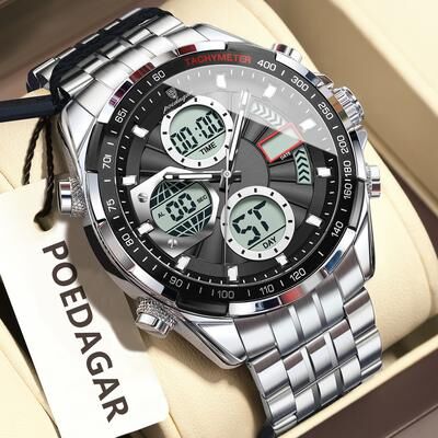 Youfap Market Men Waterproof LED Digital Watch Dual Time Stainless Steel Luxury Quartz Watch silver Black