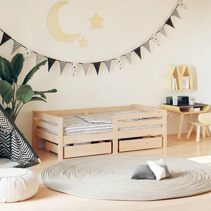 Kinderbett mit Schubladen aus massivem Kiefernholz, 70x140 cm Lattenrost Design, mit Stauraum Schublade für Kinderzimmer, niedrig zum EIN und Aussteigen