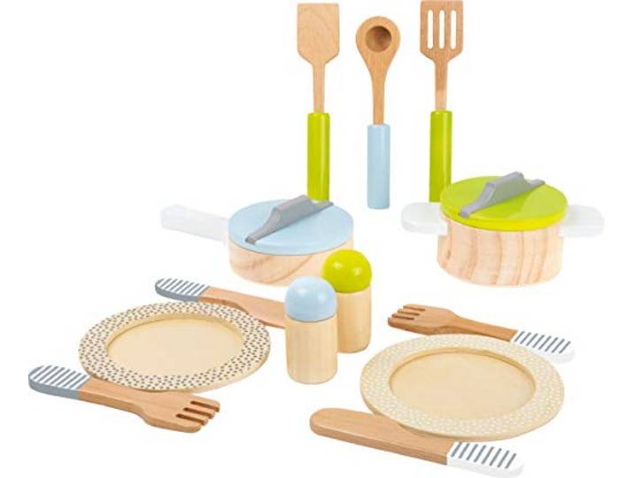 small foot Geschirr- und Topfset Kinderküche aus Holz, perfekte Ergänzung zu jeder Spielküche, 15-teilig, 11098
