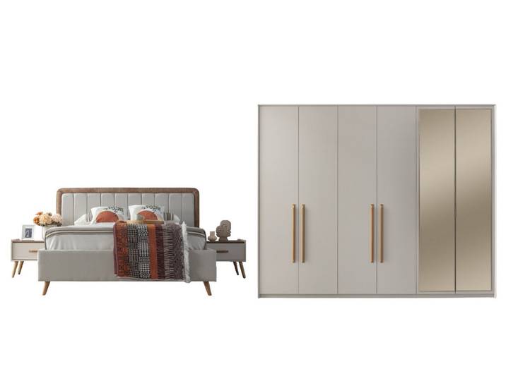 Villa Möbel Schlafzimmer-Set Giza, (Schlafzimmer-Set, 4-tlg., Bett mit Kopfteil, 2 Nachttische und Kleiderschrank), Bett mit Stoffbezug wohnlich ruhig pflegeleichtes Set