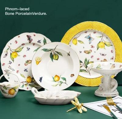 Uplifted Finds European Style Lemon Pattern Ceramic Dining Set Elegant Dinner, Steak & Dessert Plates 250 Ml Vine Cup Set