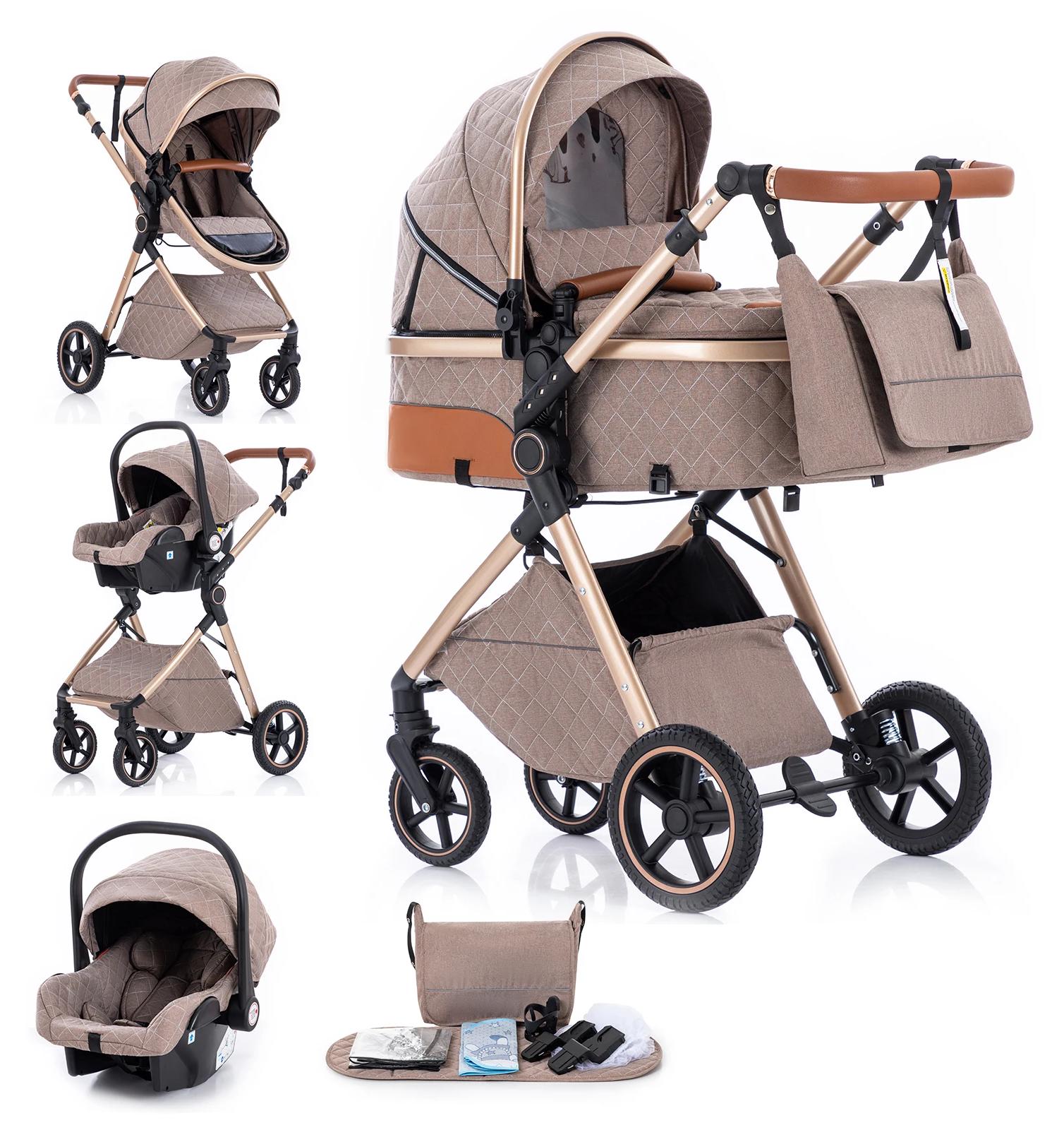 Kinderwagen 3 in 1 - Buggy & Liegefunktion - Hoher Sitz - Leicht und kompakt faltbar - Bis 20 kg - Karo Khaki