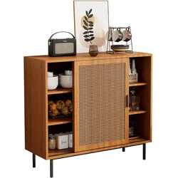 OKWISH Sideboard Kommode Anrichte 100x37x90 vielseitiger Stauraum mit Rattan-Schiebetüren höhenverstellbaren Ablagen robustes Holzdesign Walnuss