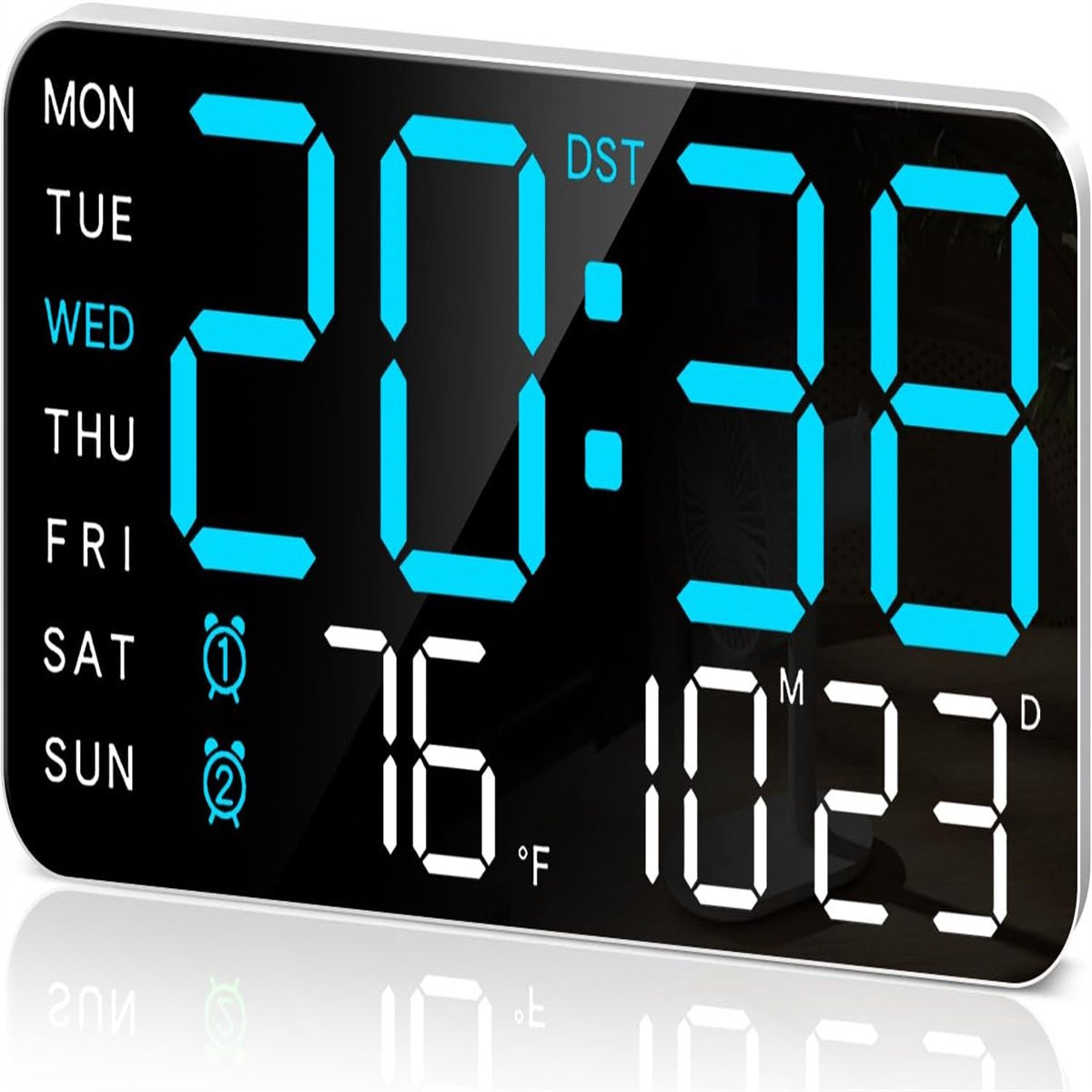 Carmdering Grote Digitale Wandklok met LED Wekker en Automatische Helderheidsaanpassing - Blauw