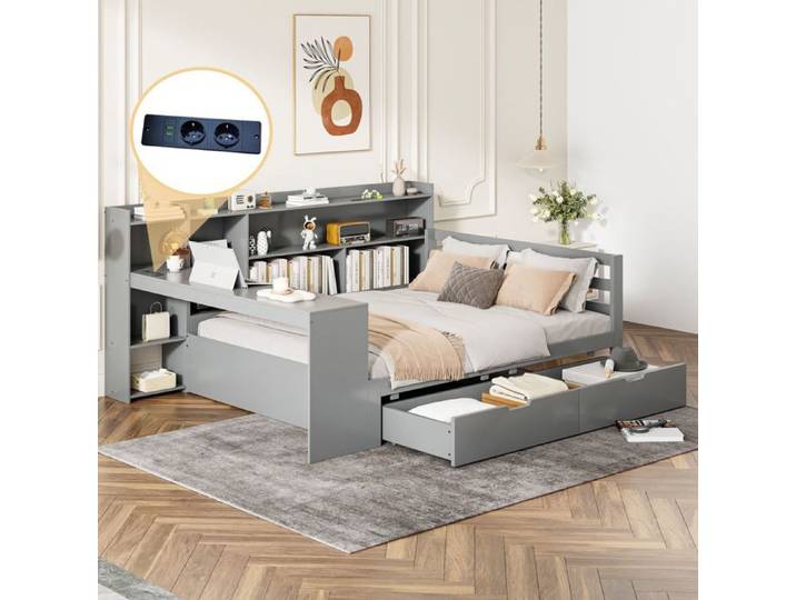 Canapé-lit gigogne - SOGEU - 140x200 - Bois massif - Rangement intégré - Prise USB