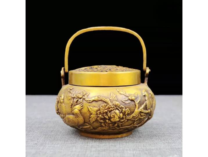 Boîte à encens / brûleur d'encens artisanal en laiton chinois, statue de fleurs et d'oiseaux