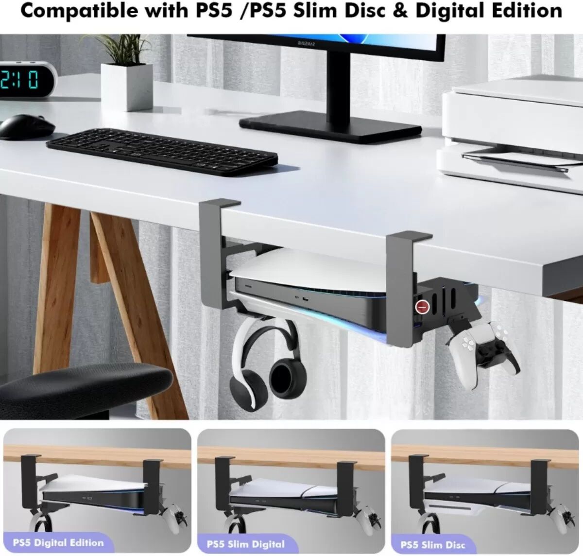 INF PS5 Konsolenhalterung zur Untertischmontage – Mit PS VR2 Headset- & Controller-Halter