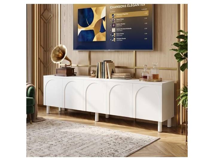 Meuble TV 180x38x45cm Grand Rangement - Style Moderne Elegant - Portes Design Arche - Meuble Bas de Television Salon en Bois Blanc