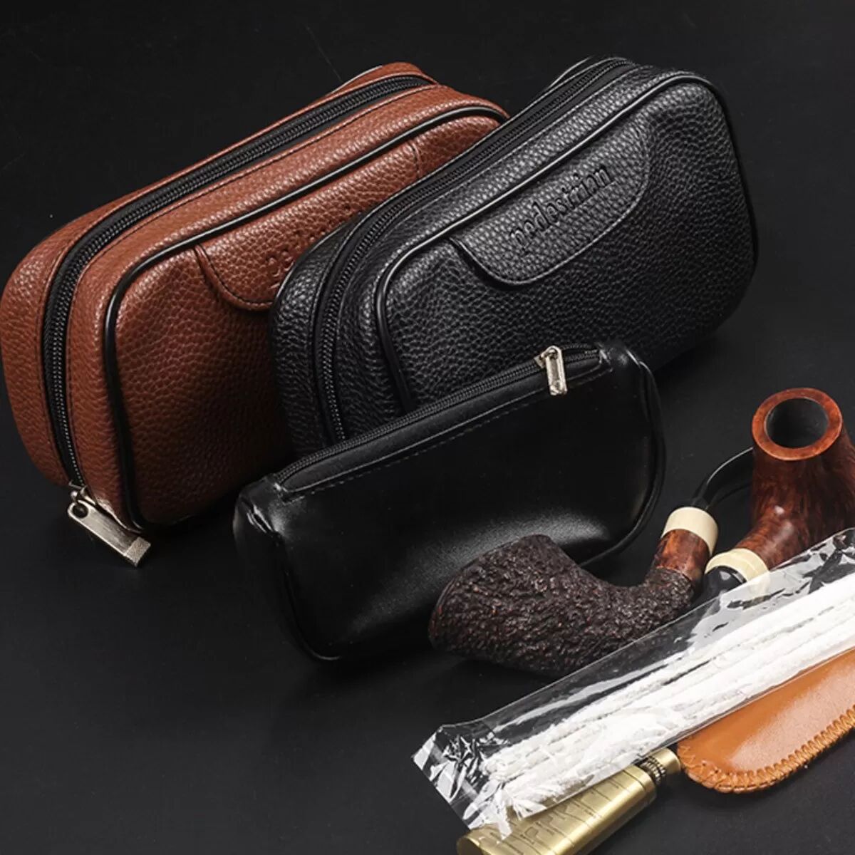 INF Étui à pipe portable en cuir - Contient 2 pipes et accessoires Marron
