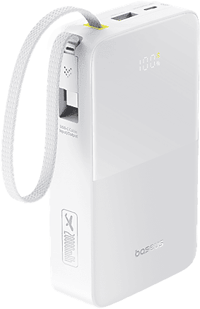 Powerbank - Baseus EnerFill Bipow2 Pro, 20000mAh, 22.5W, Cable retráctil, Carga simultánea ultrarrápida, USB-C, Blanco Moon