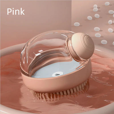 Happy Pet Pantry Soft Silicone Pet Bath Brush With Shampoo Dispenser For Dogs & Cats pink