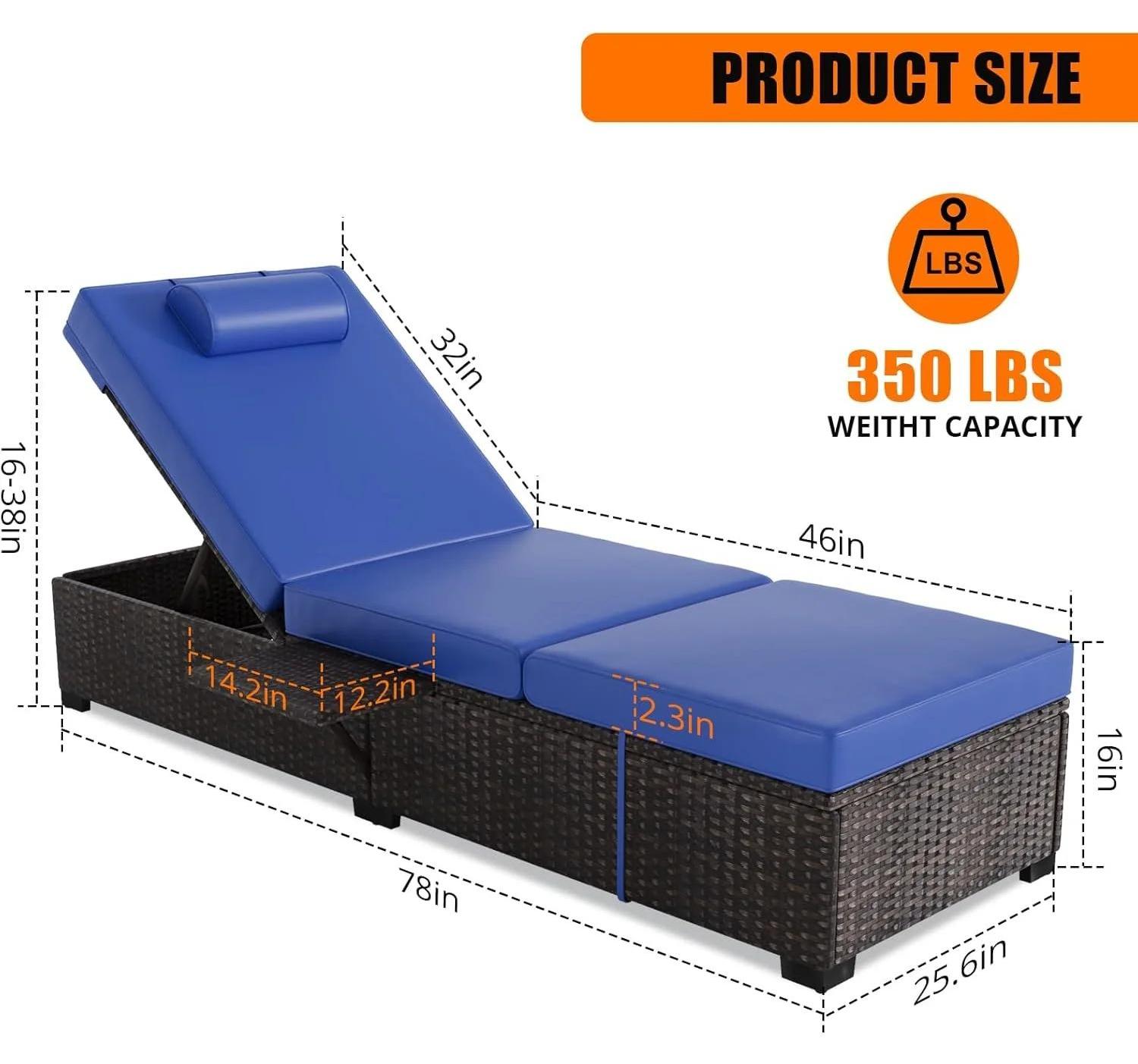 Outdoor Sonnenliege - 5-fach verstellbarer Strandstuhl - Wetterfestes Bambusgestell - Für Garten, Terrasse und Poolbereich - Belastbar bis 180 kg - Blau