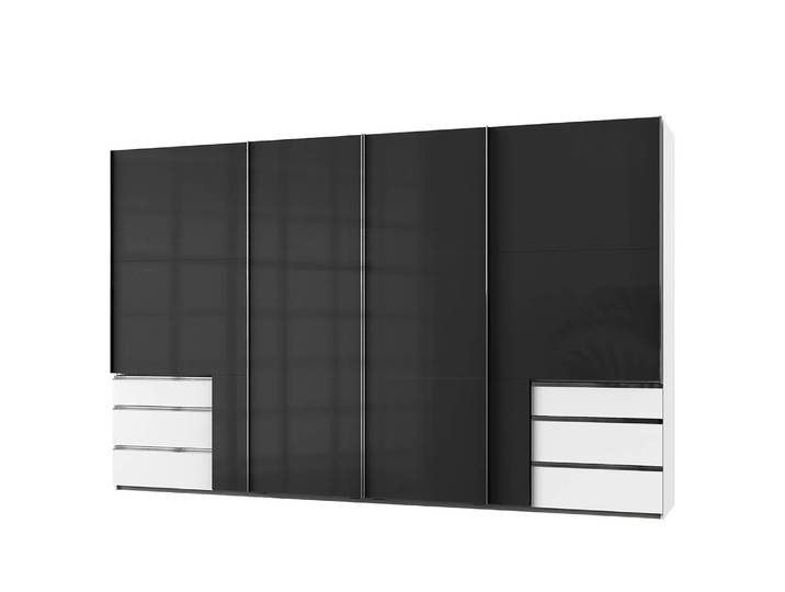 Armoire à portes coulissantes 350 x 236cm Plus de 5 tiroirs Blanc/Noir brillant/Blanc