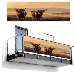 BALKON-SICHTSCHUTZ Schottische Hochlandbewohner - Heide - Landschaft - Tiere Windschutz 300x90 cm
