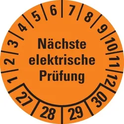 Dreifke® Prüfplakette Nächste elektrische Prüfung 27-30,orange,Dokufolie,Ø30mm,18 St/Bogen