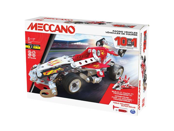 Bandai - Meccano Véhicules de course 10 en 1 - Coffret de Construction 10 Modèles - 225 pièces, outils, notice - Kit Activité assemblage voiture avio