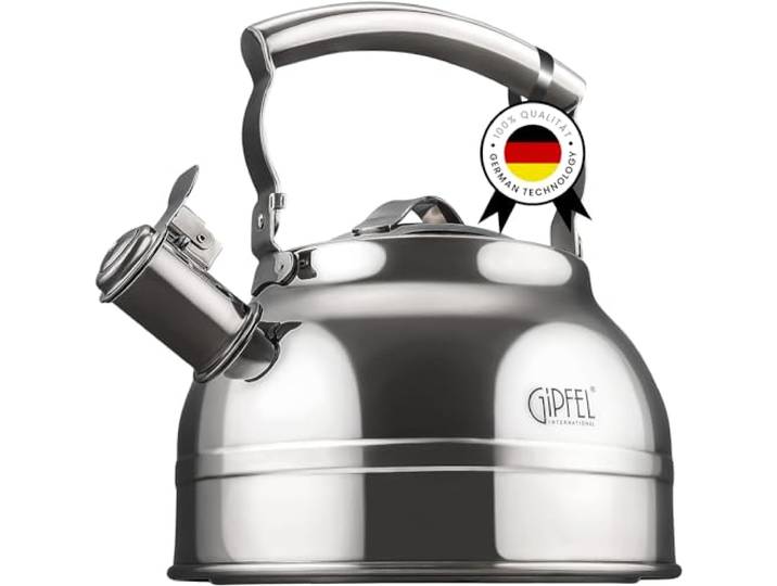 GIPFEL INTERNATIONAL Flötenkessel mit Pfeifen, Teekessel aus lebensmittelechtem Edelstahl, Kochfeldkessel mit ergonomischem Griff für Gasherd, Induktion, elektrisch, 2,3 Liter