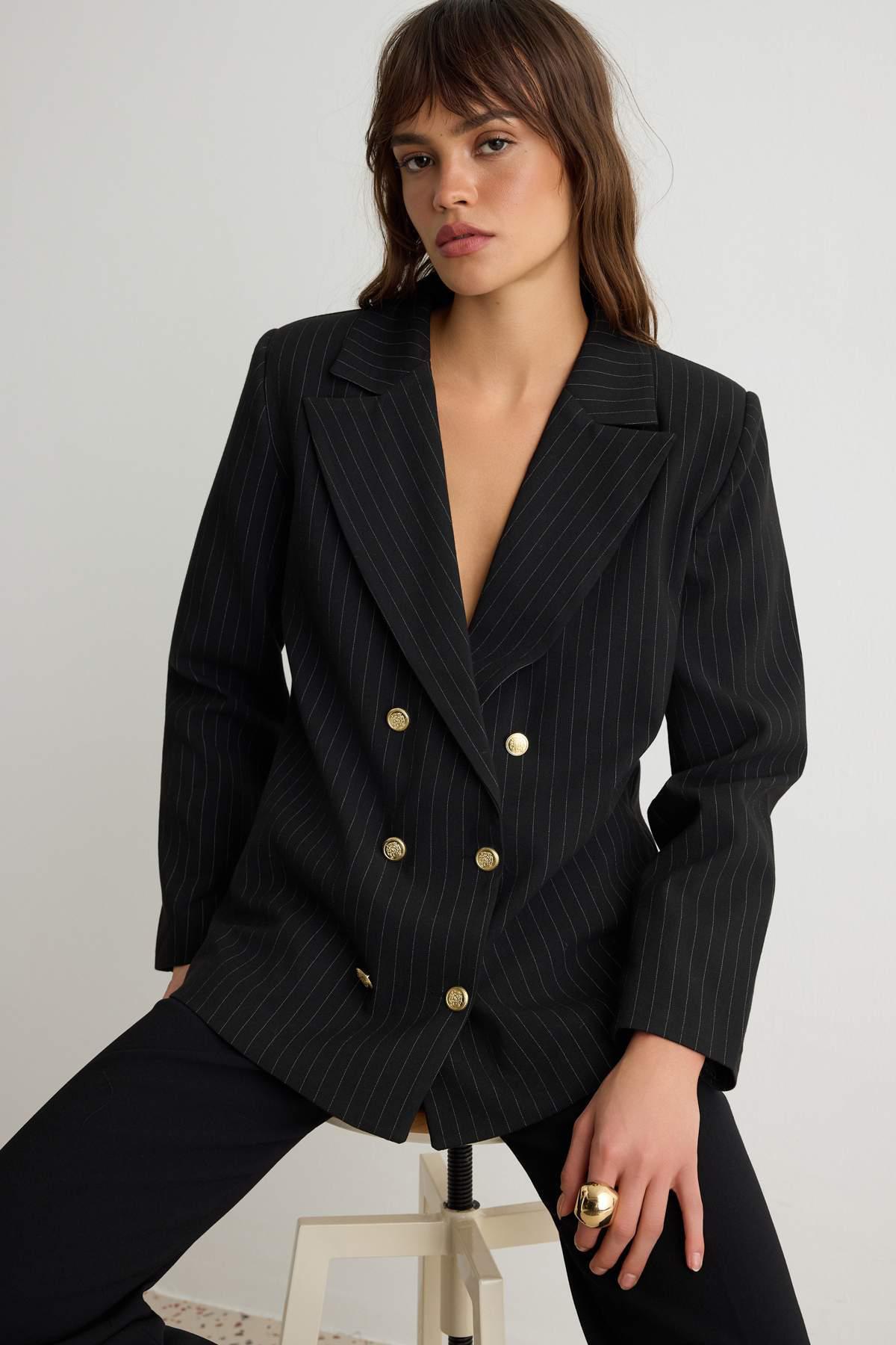 TRENDYOLMİLLA Damen Schwarz Gestreift Lang, Oversize Blazer