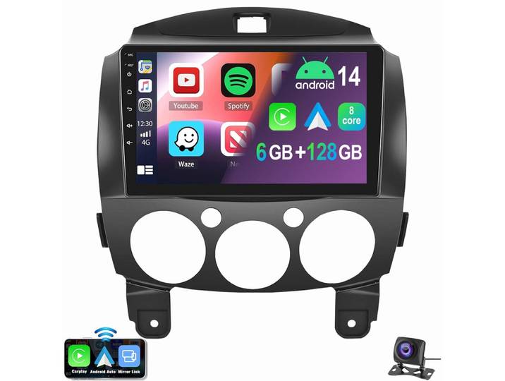 ESSGOO Für Mazda 2 2007-2013 Android 15 6+128G 8-Kern Autoradio (RDS, Digitalradio (DAB), FM, AM, Apple Carplay Android Auto GPS Navi WIFI BT)