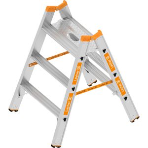 Layher Stehleiter Topic 1043.3, beidseitig begehbar + Plattform, Schwerlastleiter aus Aluminium, bis 200kg, mit 2 x 3 Stufen