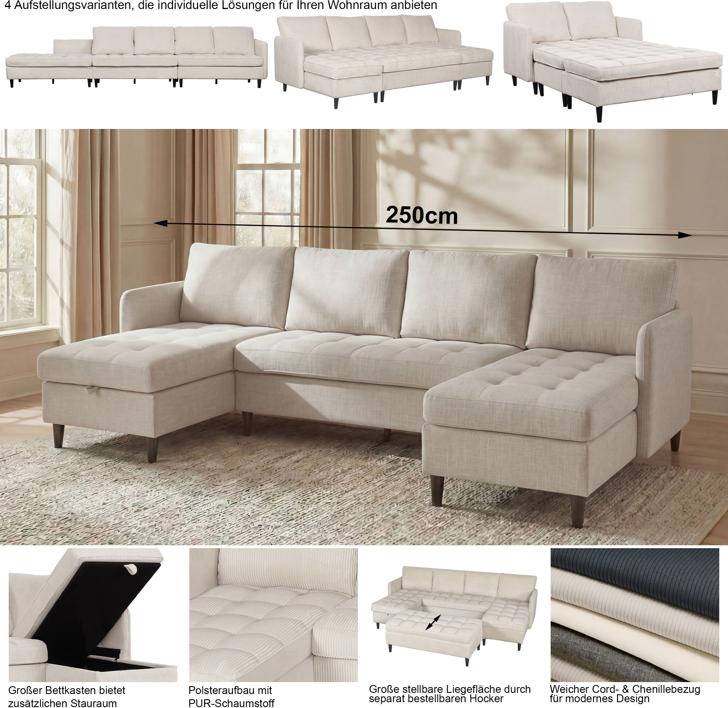 Wohnlandschaft DOREL HOME "LINDHUS, Cord, Modulsofa, verschiedene Stellvarianten", beige (creme), B:254cm H:80cm T:127cm, 93% Polyester, 7% Nylon, Sofas, Wohnlandschaft, Breite als U-Form (254cm) mit Verbindern fixierbar, Recamiere,Stauraum creme B/H/T: 2