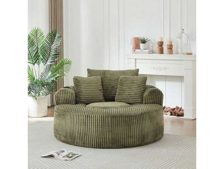 Modenuit Fauteuil lounge rond 1 place en velours côtelé vert 2 porte-gobelets et 3 coussins