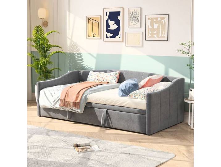Canapé-lit rembourré 90/180 x 200 cm Canapé-lit gigogne Lit d'invité Canapé-lit extensible Lit Simple Lit Capitonné en velours Gris