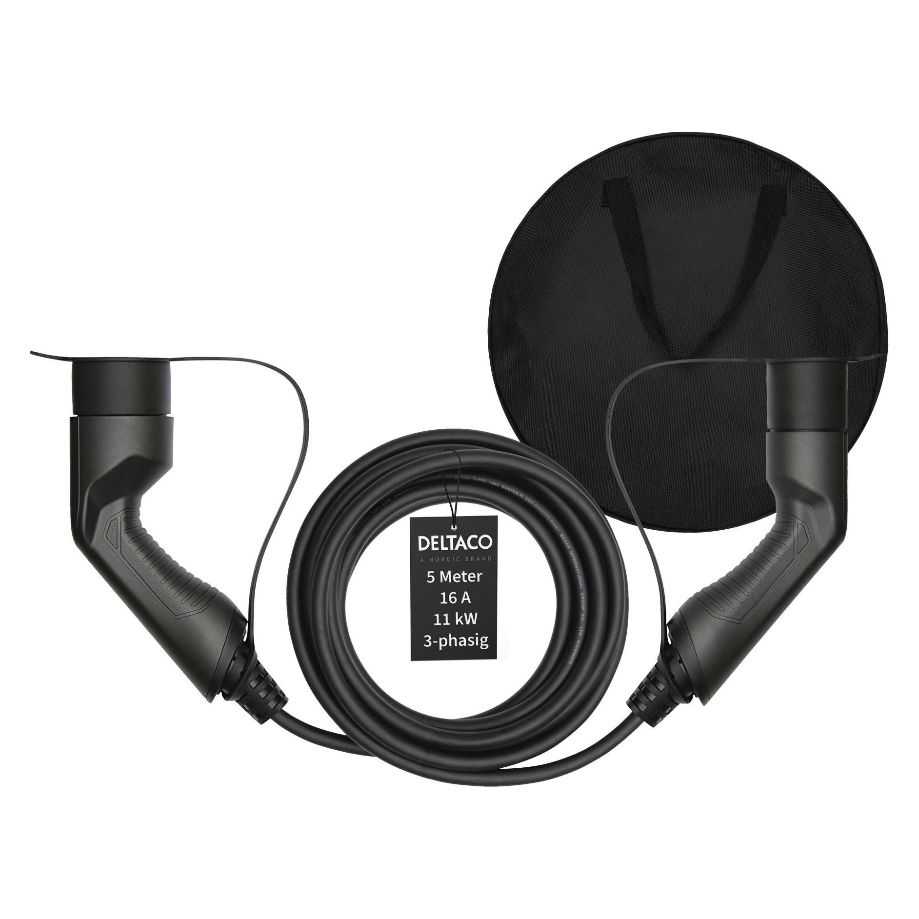 Deltaco EV-3215B + Tasche 3-phasig IEC Typ 2 auf Typ 2 - 16A 11kW, 5m (Typ 2, 11 kW, 16 A, 5 m) (EV-3215B)