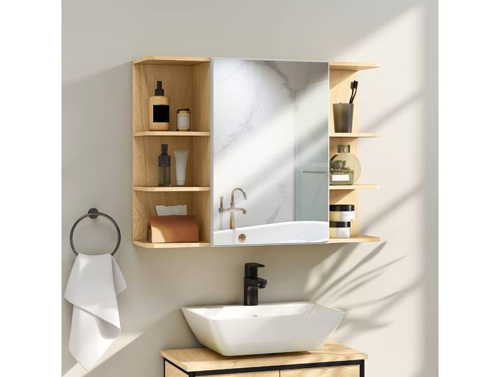 HOMCOM Armoire Murale Salle de Bain Bois Naturel avec Miroir