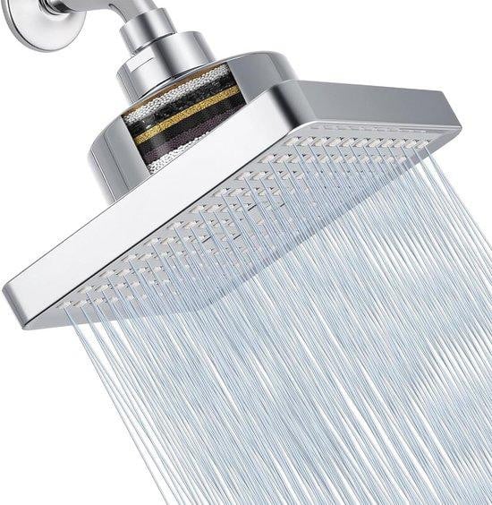 Waterbesparende vierkante regendouche met filter en verstelbare douchekop, zilver/chroom, Diameter: 15,24 cm