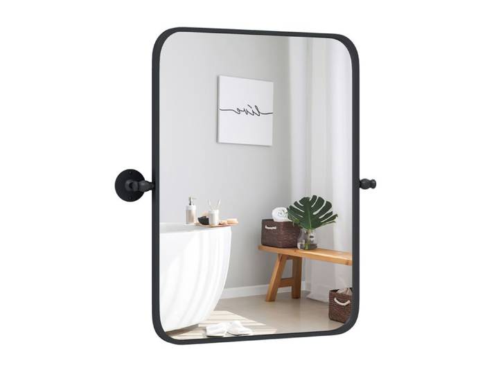 GOPLUS Miroir de Salle de Bain avec Cadre en Métal Noir Miroir Rectangulaire Mural avec Coins Arrondis Vertical/Horizontal