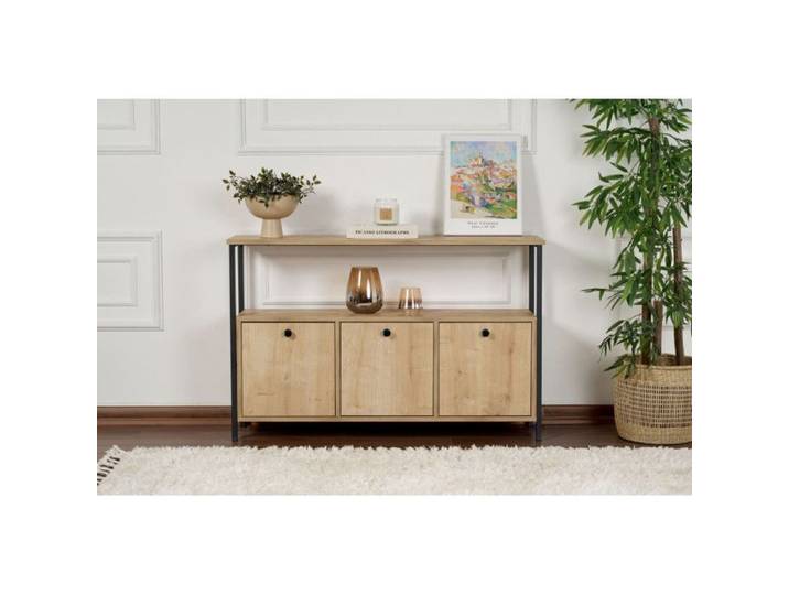 Console Meuble dentrée en bois MDF mélaminé et métal chêne et noir 120 x 30 x 77 cm Industriel