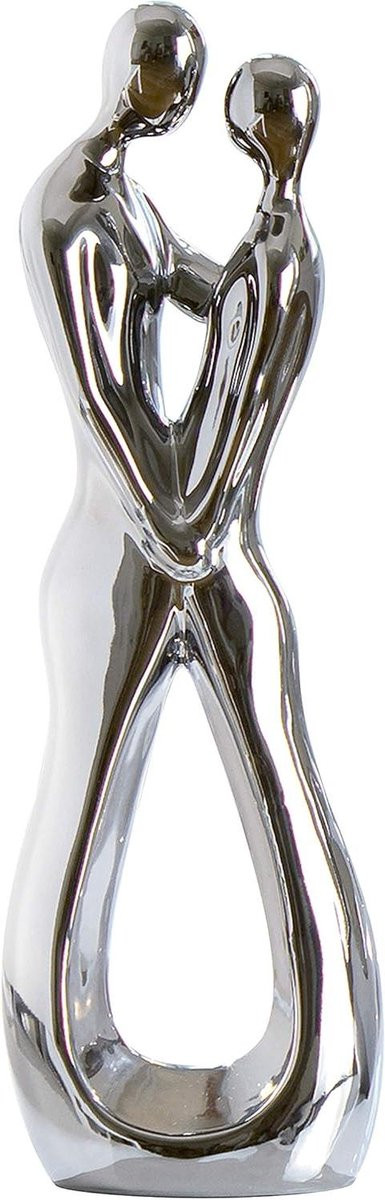 Liefdespaar Sculptuur - Decoratief Keramisch Beeldje voor Woonkamer en Tafeldecoratie - Zilver - Hoogte: 30 cm