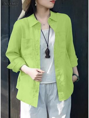 On Spot Shop ZANZEA Womens Oversized Shirt, Casual Long Sleeve Button Up Top, Cotton Street Fashion Chemise For Spring And Fall m green