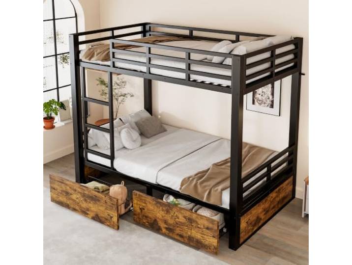 Merax Metall-Etagenbett 90x200 cm mit Schubladen, Sicherheitsgeländer & Leiter – platzsparendes Kinderbett, Schwarz (Ohne Matratze)