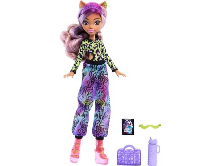 Monster High Scare-adise Island Clawdeen wolfpop met badpak, joggingbroek en strandaccessoires zoals vizier, waterfles en boek