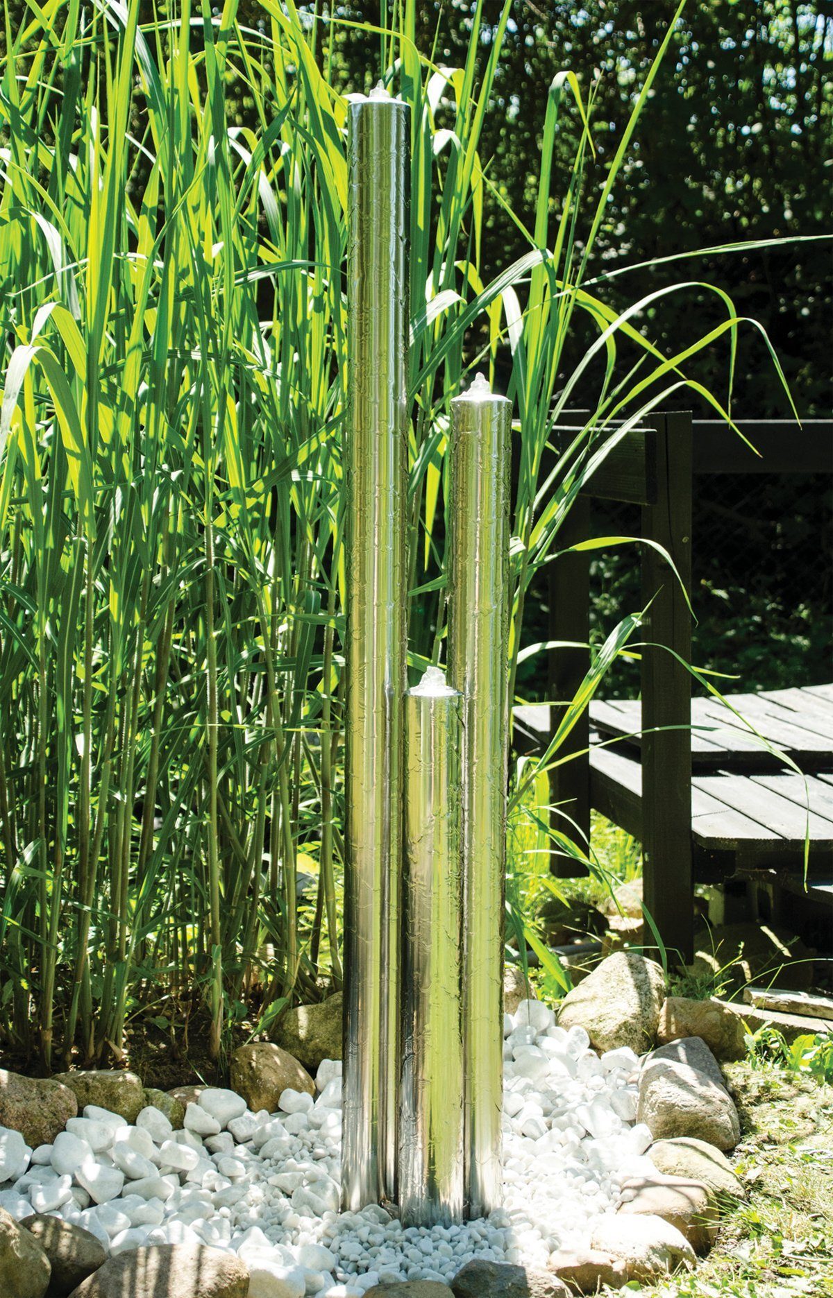 Köhko Springbrunnen 22007N aus gebürstetem Edelstahl mit LED-Beleuchtung und DREI Säulen mit unterschiedlichen Höhen 116cm