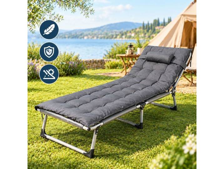 Lit pliant adulte – Dossier réglable matelas épais acier robuste – Camping jardin intérieur voyage – Gris