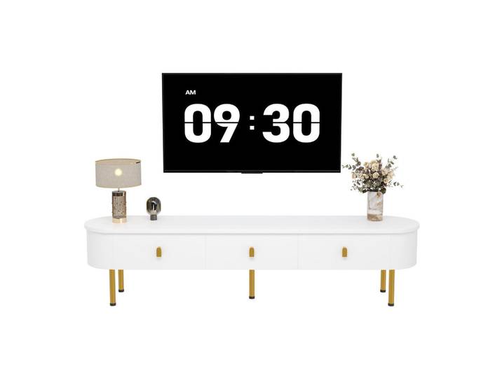 Okwish Tv-Schrank 174/35/41 cm weiß MDF mit goldenen Griffen und zylindrischen Beinen, Weiß, 174x41x35 cm, Wohnzimmer, TV Möbel, Lowboards, Lowboards stehend