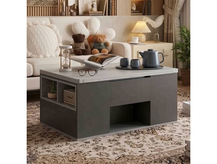 Table Basse Relevable - 100x51x47cm - Plateau Extensible - Grand Rangement - Panneaux de Particules - Gris