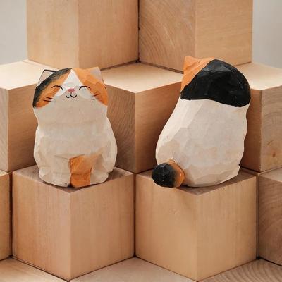 Uplift Picks Handcrafted Wood Carved Cat Figurine Cute Kitten Desk Decor Ornament 07