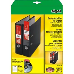 Sigel PC-Einsteckschilder für Ordner 53x190 A4 185g/qm breit weiß VE=10x100 Stück