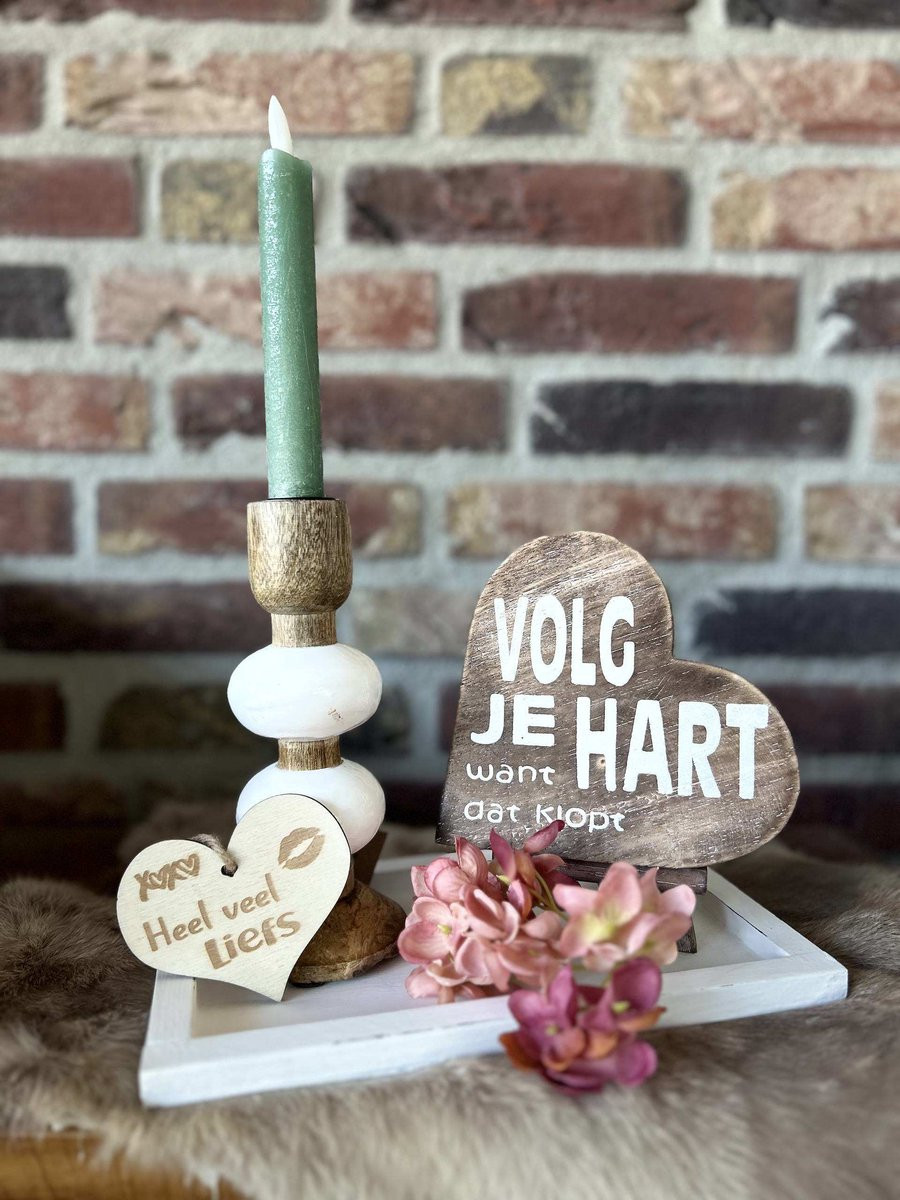 Creaties van hier Cadeaupakket Volg je hart met wit dienblaadje, bloem, ezel en kandelaar