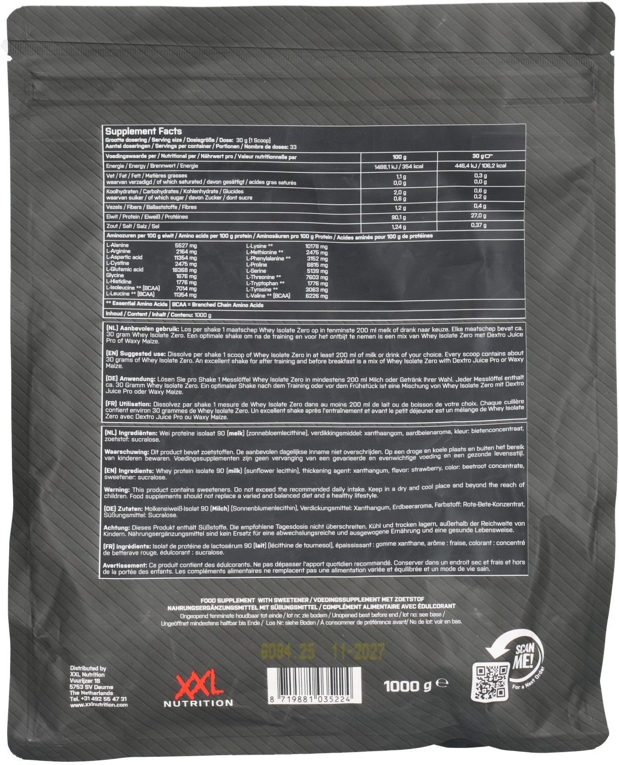 XXL Nutrition Whey Isolate Zero Aardbei 1000g 1000 g Puder