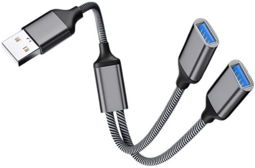 INF USB-auf-Dual-USB Adapter – Aluminiumlegierung 2-Port USB 2.0 Hub, Plug-and-Play, kompatibel mit Windows, macOS, Linux, Dunkelgrau