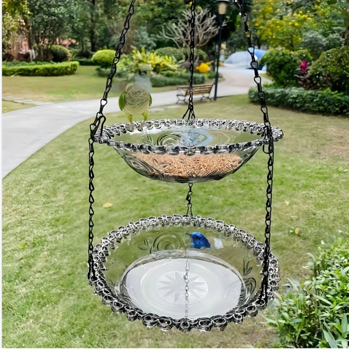 INF Mangeoire et bain suspendus 2 niveaux – plastique+métal noir gris, double-couche pour balcon et jardin