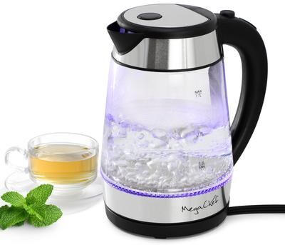 MegaChef 1.7 Quart Glass and Stainless Steel Electric Tea Kettle in Silver