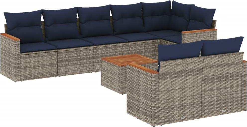 9-teiliges Gartensofa-Set mit Kissen, grau, Polyrattan